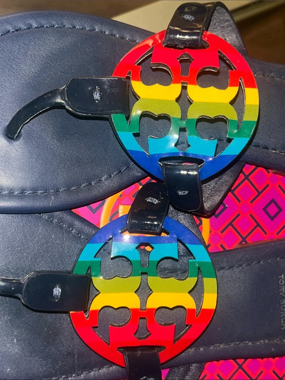 Tory Burch Navy Leather Sandals with Rainbow Logo Medallions 8.5